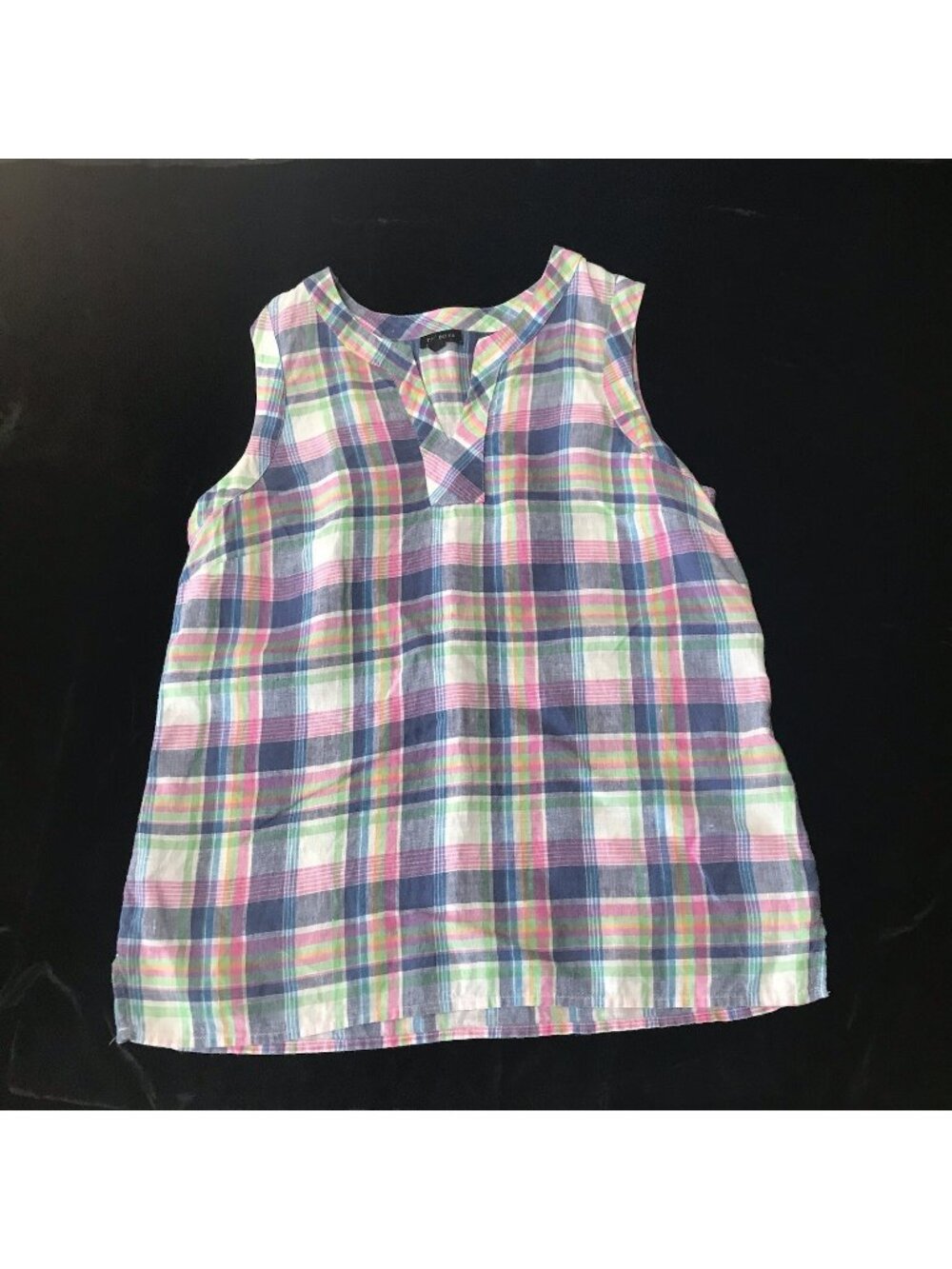 Talbots Linen Top Womens Medium Plaid Tank Preppy Resort Beach Summer Blue Pink